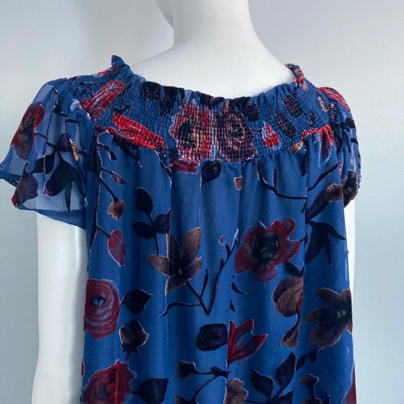 Flocked Chiffon Dress by En Creme, Navy Chiffon Smocked Dress - Picture 10 of 10